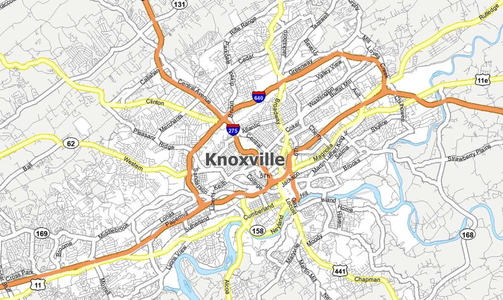An image of the complete map of Knoxville, Tennessee.